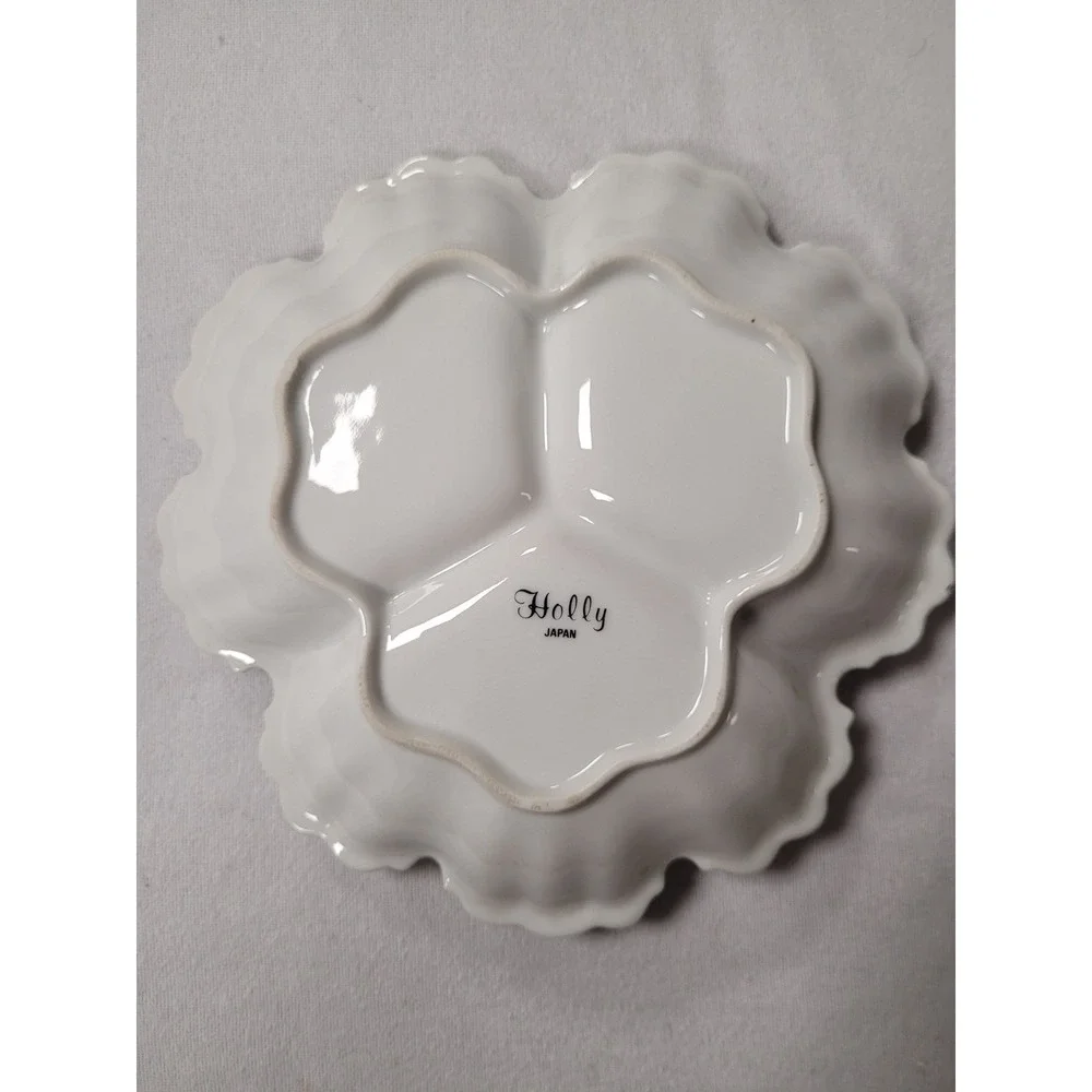 Vintage Holly Porcelain Divided Candy/Nut Holiday Dish‎ Gold Trim